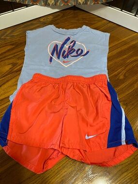 Nike Light Blue Script Tank & Coral and Royal Blue Athletic Shorts